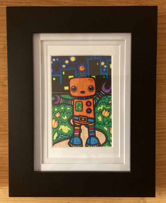 Framed Orange Robot Sharpie Art