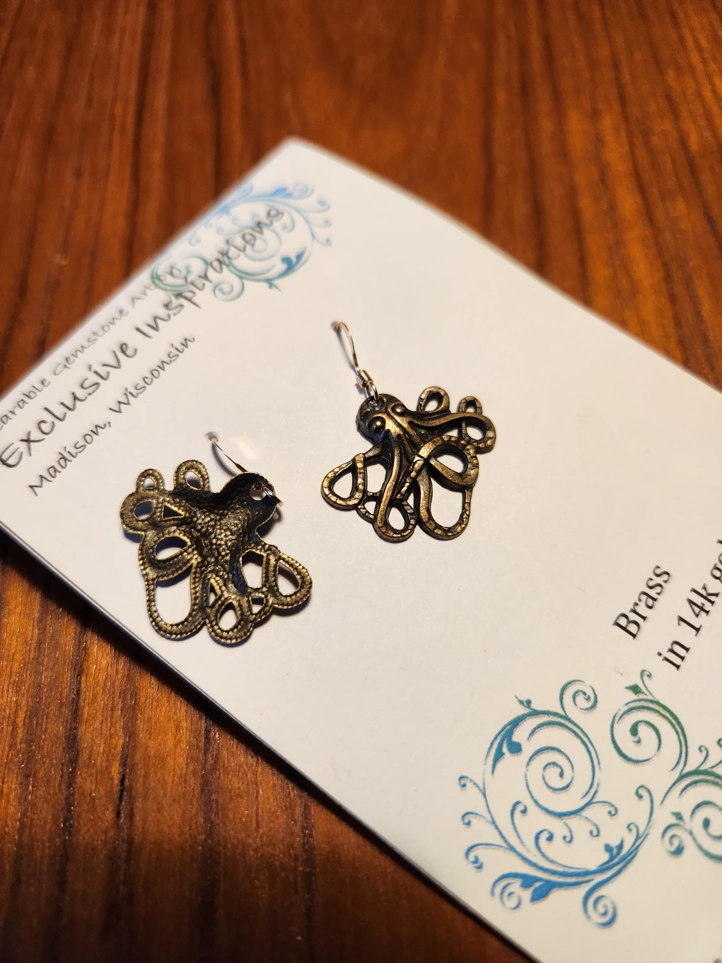 Octopus Earrings, Brass