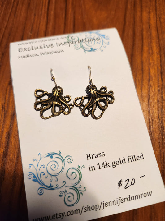 Octopus Earrings, Brass