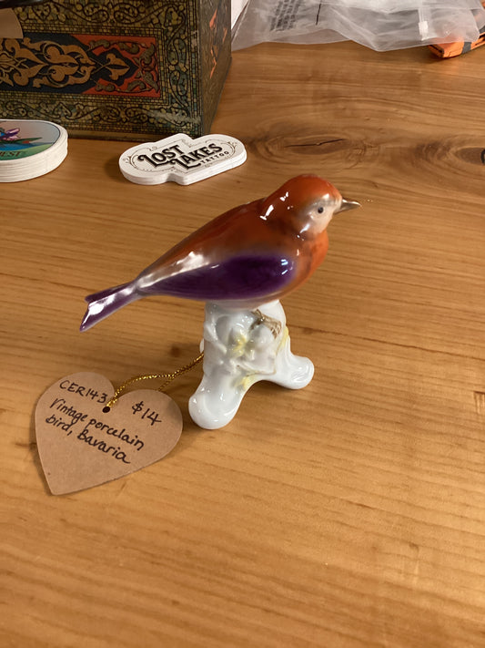 CER143 porcelain orange and purple bird on branch, Bavaria