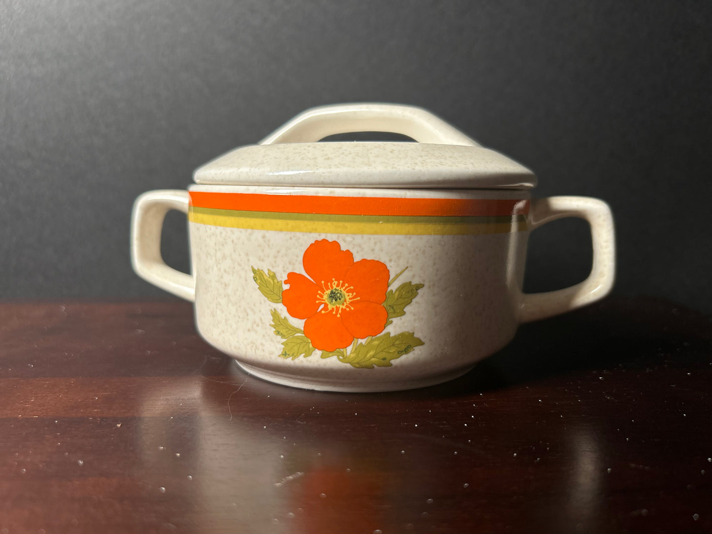 Orange flower temperware sugar bowl with lid