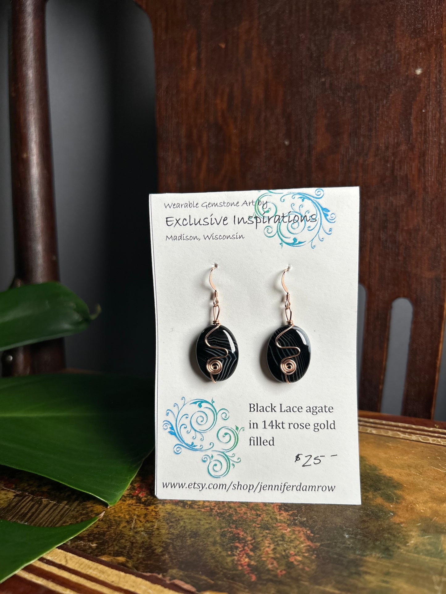 Black Lace agate in 14kt rose gold filled earrings