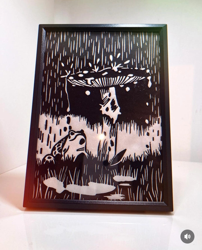 Frog with Mushroom lino print