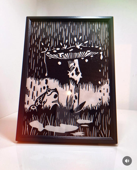 Frog with Mushroom lino print