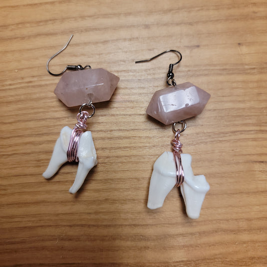 Strawberry Quartz & Coyote Molars Earrings